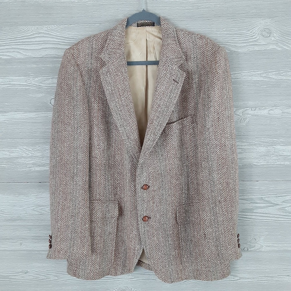 Vtg 70s Harris Tweed Herringbone Blazer Brown Wool Mens Sport Coat 42R